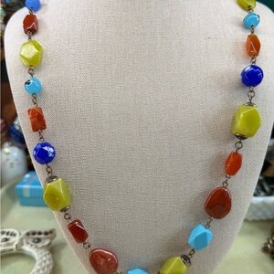 Artisan Multicolor Beaded Statement Necklace Cut Green, Blue, Turquoise, Orange